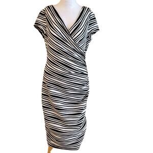 Joseph Ribkoff size 10 dress women v-neck faux wrap stretch striped